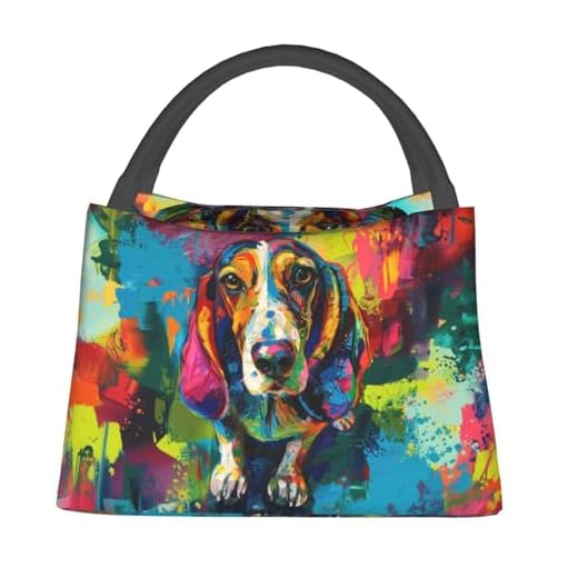 ainori Abstract Basset Hound Polyester Insulated Lunch Box,Colorful Dog Lunchbag for Work Picnic Travel,Makeup Bag,Reusable Cooler Bags Gifts for Art Puppy Lovers Boys Teens,11in x 6.3in x 6.7in