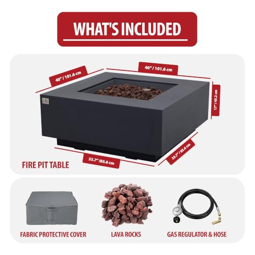 Image of AMS Creations | Brooklyn 40 inch Square Propane Gas Outdoor Fire Pit Table | Dark Gray Concrete GFRC Smooth Texture Surface Fire Pit Table