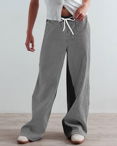 Image of PEIHOT Low Rise Striped Pants for Women Pull On Drawstring Boho Wide Leg Jeans Trendy 2026