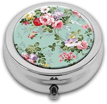 Vintage Floral Custom Round Silver Pill Box Pocket 2.1 inches Medicine Tablet Holder Organizer Case for Purse