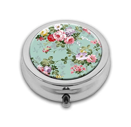 Vintage Floral Custom Round Silver Pill Box Pocket 2.1 Inches Medicine Tablet Holder Organizer Case For Purse #TOP8
