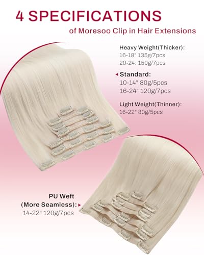 Image of Moresoo Seamless Clip in Hair Extensions, Platinum Blonde, PU Skin Weft | Clip in human hair extensions, 14inch 120g 7pcs, for fashion beginners and bold users, for high contrast modern clean look