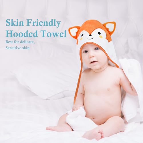 Image of Dolwis Baby Bath Hooded Towel - Organic Hooded Towel Toddler Bath Towel Neutral Infant Ultra Soft Baby Terry Hooded Animal Towels with Hood for Boy & Girl (Fox)