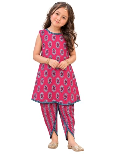 Image of superminis Girls Cotton Sangakari Print A Line Style Sleeveless, Round Neck Kurti and Dhoti with Elastic Closure Ethnic Wear