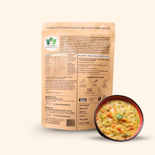 Image of WellMonk Magic Masala Millet & Oats - Healthy Instant Breakfast, Rich in Wholegrains & Vegetables|Vegan|Protein-Rich|Fiber-Rich| Goodness of Oats,Jowar, Bajra&Kodo Millets Pack of 1 400g