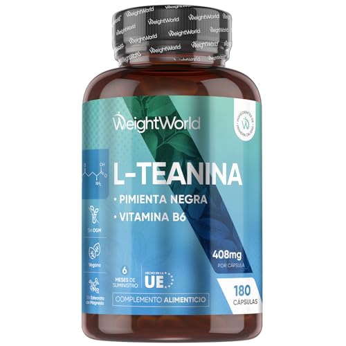 L Teanina 400mg con Vitamina B6 y Pimienta Negra - 180 Cápsulas de las Hojas del Té Verde y Negro para 6 Meses de L Theanine Vegano, Sin OGM y Sin Lactosa