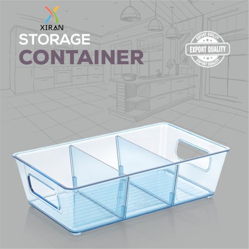 Image of Xiran Fridge Storage Boxes Organizer Bins, 3 Partition Stackable Fridge Storage Basket, Plastic Freezer Storage Containers for Fish, Meat, Vegetables, Fruits (Pack of 2, Blue)
