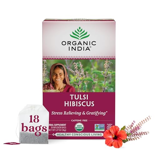 Image of ORGANIC INDIA Tulsi Hibiscus Tea Bags - Holy Basil Herbal Tea, Stress Relieving, Immune Support, Adaptogen, USDA Certified Organic, Non-GMO, Calming, Caffeine-Free - 18 Infusion Bags, 1 Pack