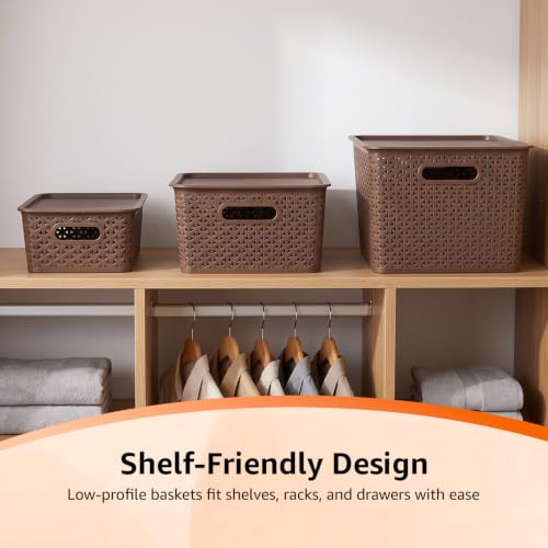 Image of Amazon Basics Set of 3 (Small, Medium, Large) Plastic Storage Baskets with Lid Stackable Shelf Basket, Storage Box & Organiser for Wardrobe, Kitchen,Clothes, Toys, Books, Office (Brown, Rectangular)