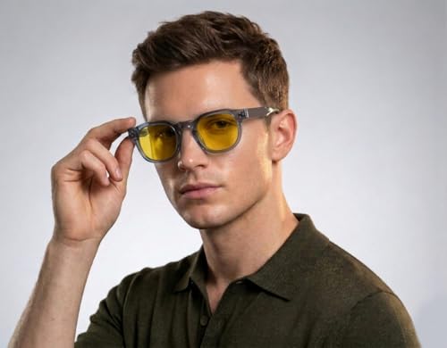 Image of Night Driving Sunglasses, HD Vision, UV Protected, Transparent Bluish Grey, Round Frame, Anti Glare, for Bike Riding and Car Driving