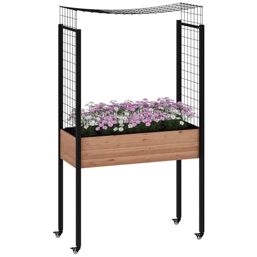 Outsunny Mesa de Cultivo con Ruedas Huerto Urbano Elevado con Enrejado Orificios de Drenaje para Plantas Trepadoras Flores Jardinera de Madera 110x49x190 cm Marrón
