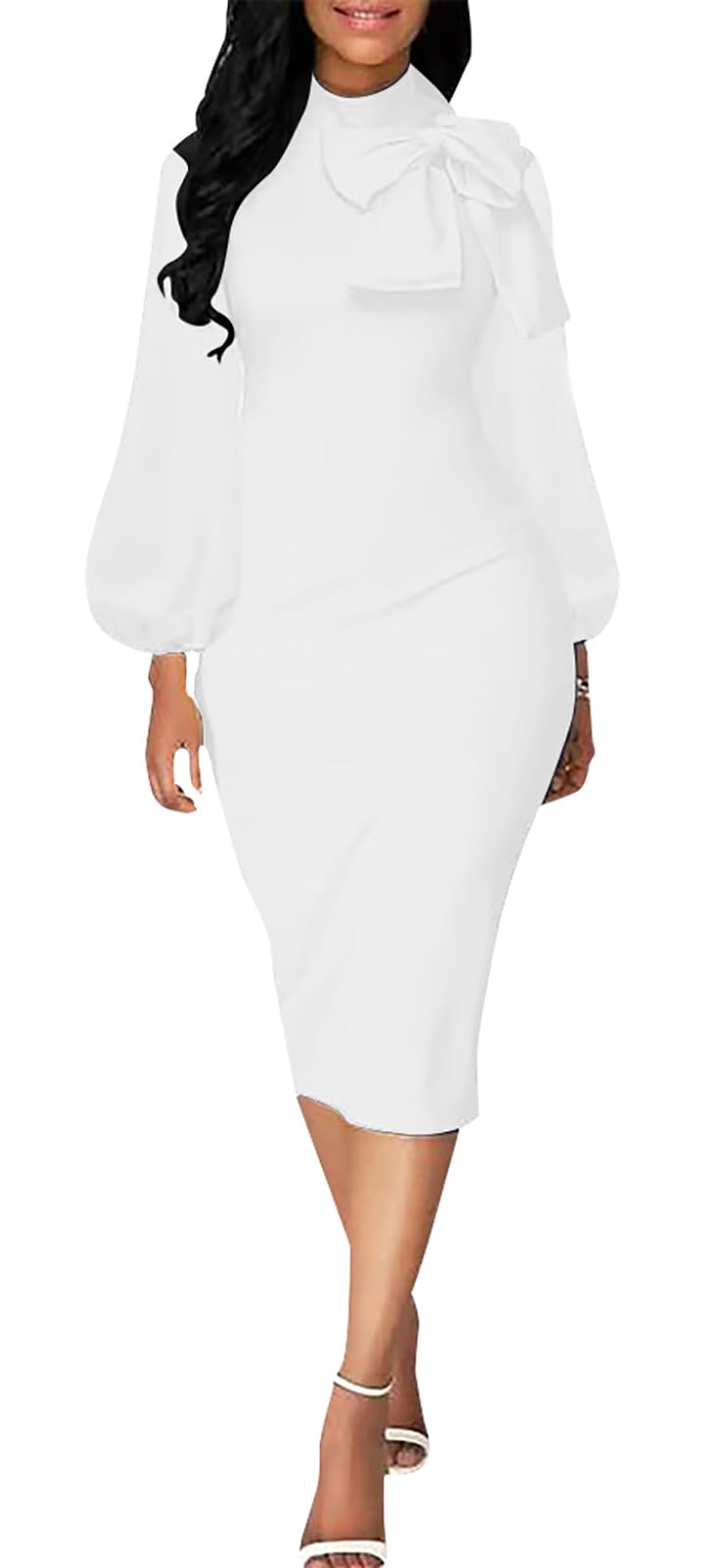BestGirl Womens Bishop Sleeve Bodycon Dresses Work Casual Floral Print Pencil Midi Dresses