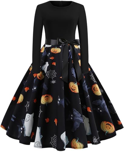 RUISHH Damen Langarm Cocktaikleid mit Halloween Motiv Elegantes Partykleid Vintage Rockabilly Kleider A-Spinnennetz L