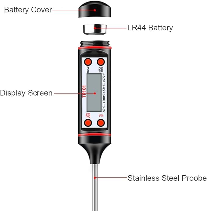 Image of Dr. Care LCD Digital Food Thermometer with Stainless Steel Probe - Instant Read for Cooking and Grilling (Black)