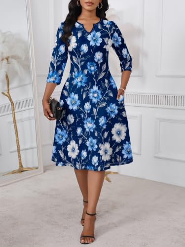 Image of PinkPatty Women's Casual 3 /4 Sleeve Midi Dresses Fit and Flare Church Work Dress with Pockets