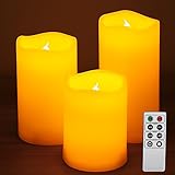 LE 3 Pack Flickering LED Flameless Candles with Remote Control & Timer, Dimmable, 2 Light Modes, Weatherproof, Yellow, valentine's Decoration, Battery Powered LED Votive Candles, Party, Weddings