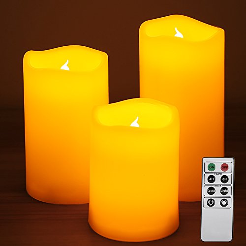 LE 3 Pack Flickering LED Flameless Candles with Remote Control & Timer, Dimmable, 2 Light Modes, Weatherproof, Yellow, valentine's Decoration, Battery Powered LED Votive Candles, Party, Weddings