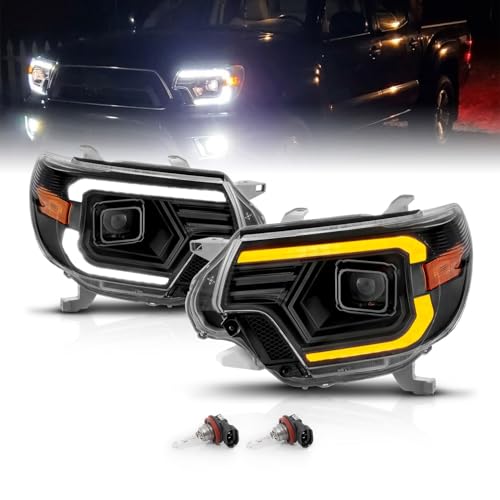 AmeriLite For 2012-2015 Toyota Tacoma Pickup C-Type Switchback LED Tube Replacement Headlights Pair - Passenger and Driver Side