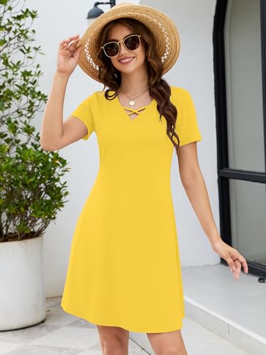 Image of KORSIS Women's Dresses Summer Casual T-Shirt Short Sleeve Criss Cross V Neck Swing Beach Vacation Sundress Dress with Pockets