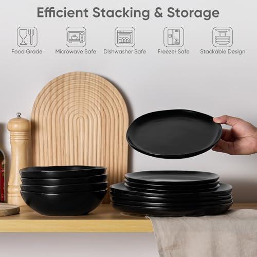 Homikit 12-Piece Dinner Set, Reactive Glaze Stoneware Dinnerware for 4 People, Irregular Shape Plates and Bowls, Non-Toxic & Scratch Resistant, Microwave and Dishwasher Safe - Obsidian Night - Image 6