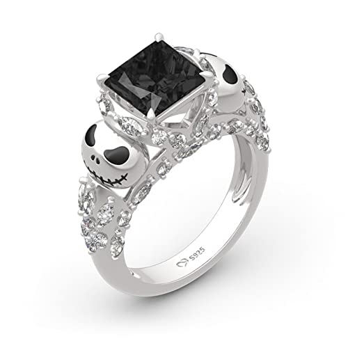 Jeulia Romantic Soul Skull Design Princess Cut Sterling Silver Ring for Women Wife Girlfriend Engagement Wedding Anniversary Christmas Birthday With Jewelry Box