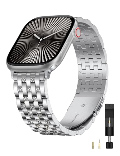 Image of W-RARA Compatible with Apple Watch Band 38 /40 /41 /42 /44 /45 /46 /49mm Women Men, Dressy Stainless Steel Seven-link Horizontal Texture Metal Strap for iWatch Series 11 10 9 8 7 6 5 4 SE Ultra 3 2 1