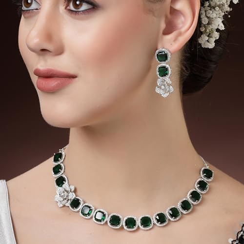 Image of ZENEME Jewellery Set Classic Style Rhodium Plated AD /American Diamond Studded Silver Plated Bejeweled Rose Necklace Jewellery Set for Women & Girls
