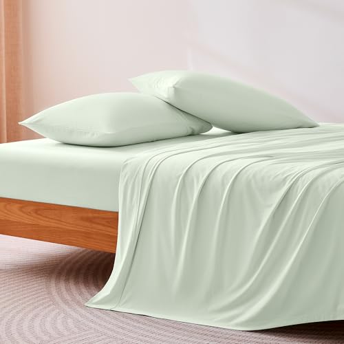 Image of Amazon Basics Cooling Sheets, 4-Piece Bed Sheet Set for Summer, Soft and Breathable for Hot Sleepers, Bedding with 1 Deep Pocket Fitted Sheet, 1 Flat Sheet, and 2 Pillowcases, Full, Aloe Green