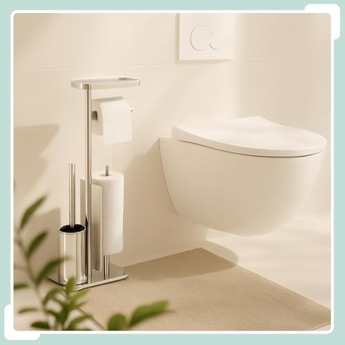 Relaxdays WC-Garnitur, Edelstahl, Ablage & Rollenhalter, freistehend, HBT: 75x22x20 cm, Toilettenbutler, Silber/schwarz