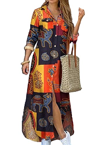 Image of YMING Women's Long Sleeve Button Down Shirt Dress Spring Casual Maxi Dresses Loose Fit Blouse Dress with Pockets
