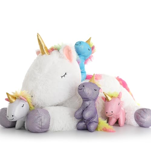 MorisMos Einhorn Kuscheltier XXL mit 4 Babys im Bauch, groß Einhorn Plüschtier Stofftier, riesen großes Einhorn Spielzeug Mädchen Kinder（5Pcs