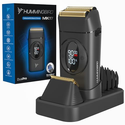 HUMMINGBIRD MK17 DualPro Foil Shaver & Beard Trimmer for Men – Gold Titanium Blades, Turbo Shaving Mode & Torque Control, Metal Body, Digital Battery & RPM Monitoring, Wet & Dry, USB-C Charging Dock