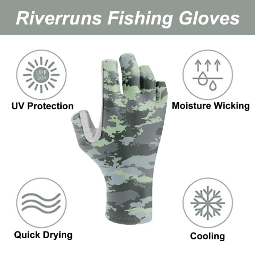Riverruns UPF 50+ Fishing Gloves UV Protection Fingerless Sun Gloves Men Women for Outdoor, Kayaking, Rowing, Driving, Hunting(CamoGreenScilicone, M)