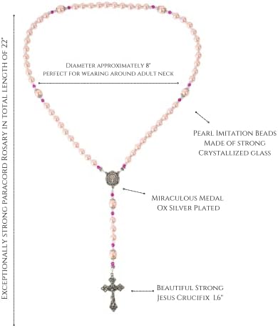 Nazareth Store Pink Pearl Rosary Beads Long Beaded Catholic Rosary Necklace with Miraculous Medal and Cross
