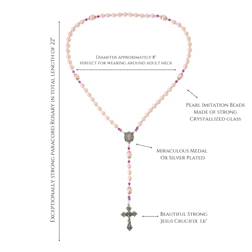 Nazareth Store Pink Pearl Beads Womens Rosary Handcrafted Beaded Necklace with Miraculous Medal and Jesus Cross - Thumbnail 3