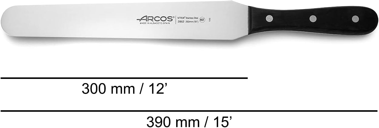 ARCOS Spatula 10 Inch Nitrum Stainless Steel and 250 mm blade. Ergonomic Polyoxymethylene POM Handle. Series Universal. Long, sturdy blade and serrated edge and serrated edge easily cuts. Color Black