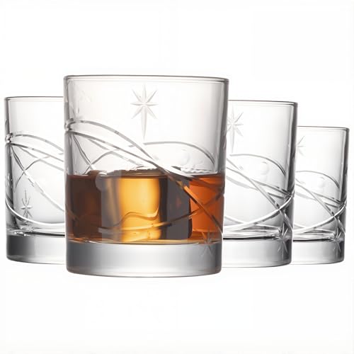SHOSHIN Premium Hand Cut Whiskey Glasses (13 OZ, Set of 4) - Handmade Double Old Fashioned Scotch Glasses - Gift for Bourbon Lovers - Style Glassware for Rum - Space Pattern set 4