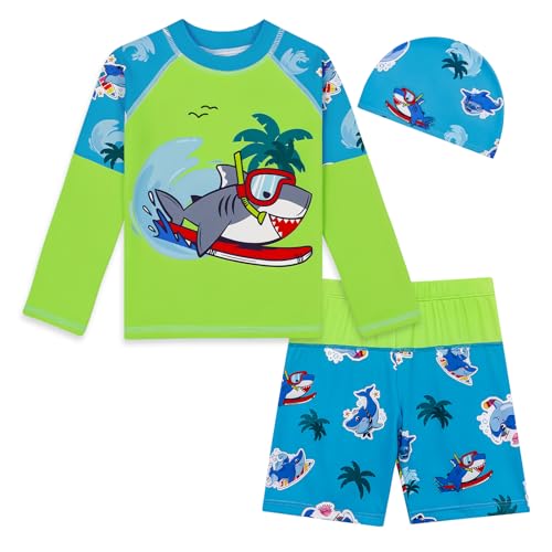 Image of MASOCIO Boys Swim Suit Set Kids Swimsuit UV Sun Protection Baby Toddler Swimming Top Shorts Cap Childrens Swimwear Clothes Kit Costume Rash Vest 1 2 Years Shirts Trunks Age 18-24 Months Multicolor 3