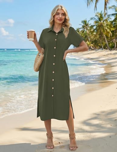 Image of HOTOUCH Womens Dress Summer Casual Midi Short Sleeve Button Down Shirt Dresses Loose Beach Cover Up with Pockets