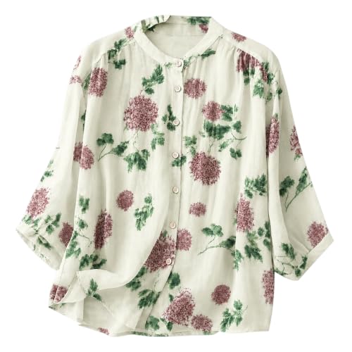 Image of Gufrina Women's Light Rose Floral Printed Button Down Shirt with Mandarin Collar and Relaxed Fit 3 /4 Sleeves