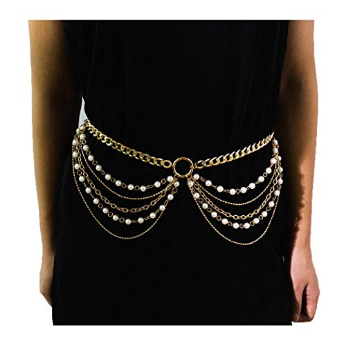 Drecode Boho Layered Belly Body Chains Pearls Tassel Waist Chain Sexy Hip Sash