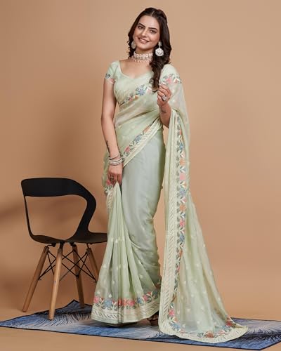 Image of VAIRAGEE Women Soft Organza Embroidery Traditional Flower Pattern Beautiful saree with unstitched blouse piece (6159)