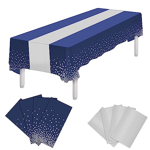 8 Packs Disposable Tablecloth and Satin Table Runner, Blue and Silver