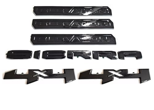 Image of 6Pcs Sierra Elevation 4x4 Emblem 3D Rear Tailgate Door Badge Nameplate Letter Sticker Decal Replacement for 2019-2022 Sierra 1500 2500HD 3500HD (Overlay Emblem Gloss Black)