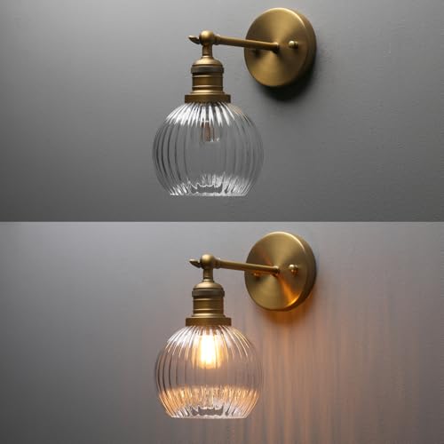 Image of PERMO Antique Wall Sconces with Clear Ribbed Globe Glass Shade Vintage Gold Sconce Indoor Wall Mount Light Fixture for Loft Kitchen Living Room