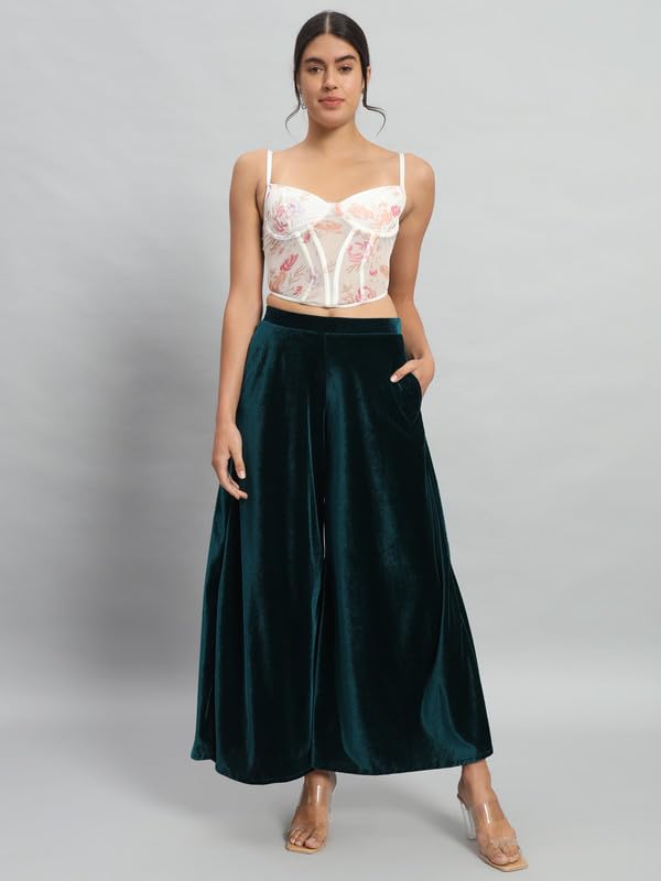 Image of Vaararo Party Trousers for Women | Shiny Velvet Fabric Wide Bottoms Stylish Palazzo Pants