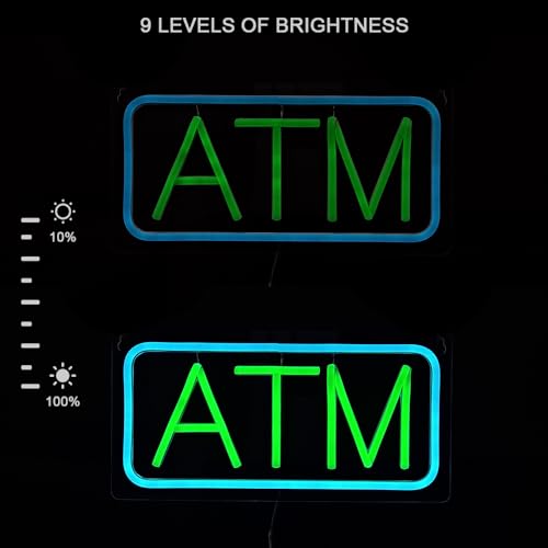 Image of ATM Neon Sign, Small Size, 12 inchx6 inch, USB Powered, 9 Levels of Brightness, Suitable for Bank Supermarket Convenience, Easy to Install on Store Wall Window as Room Decoration (Green, Transparent Acrylic)