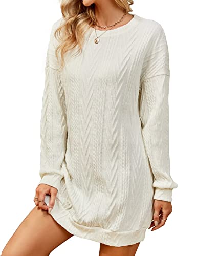 VIMPUNEC Damen Strickkleid Pulloverkleid mit Rundhalsausschnitt, Zopfstrick, langärmelig, Oversize, lässiges, Weiß, Groß