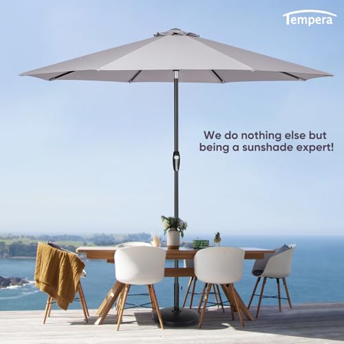 Image of Tempera 9ft Patio Market Outdoor Table Umbrella with Auto Tilt and Crank, Large Sun Umbrella with Sturdy Pole & Fade Resistant Canopy, Easy to Set, Grey