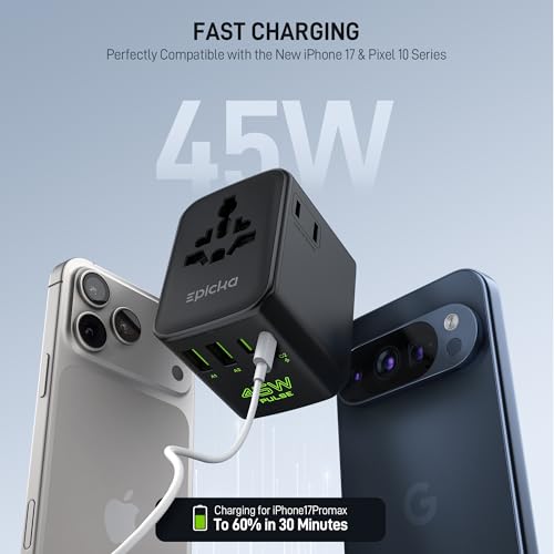 Image of Epicka Pulse Duo 45W Universal Travel Adapter, International Power Adapter with 6-Port (2 AC /2 USB-A /2 USB-C), European Travel Plug Adapter with PD Fast Charging, Travel Essentials (Pure Black)